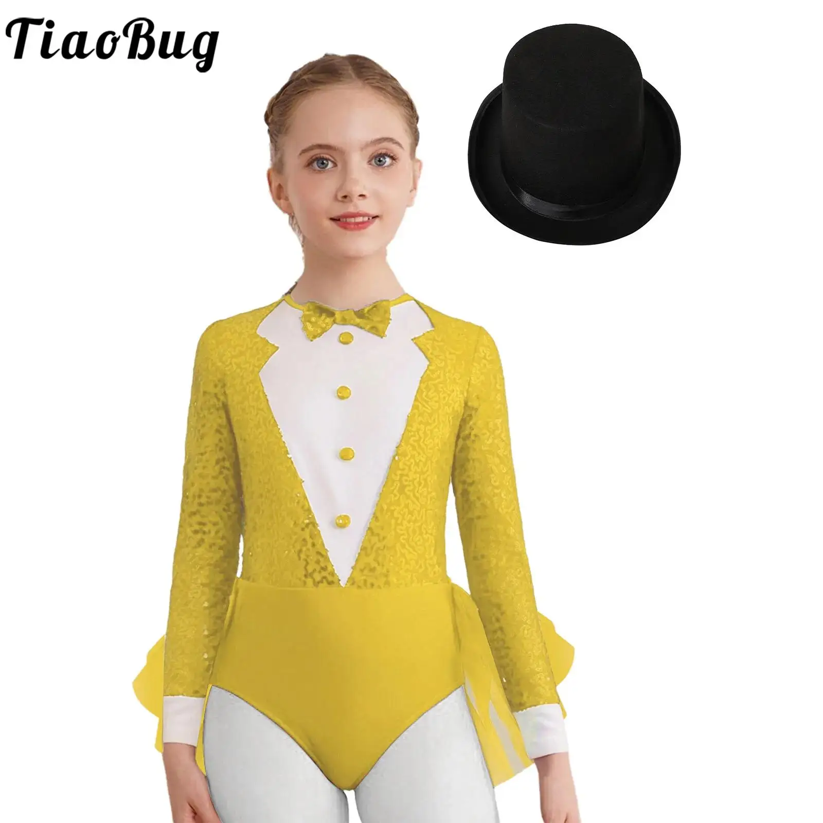 

Детский джазовый современный танцевальный костюм для девочек, волшебный наряд с длинными рукавами, блестящий лиф, фатиновый купальник с юбкой и шляпой, танцевальные комплекты