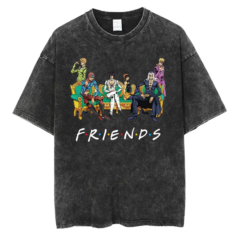 

Washed Vintage Anime JoJo's Bizarre Adventure Friends T Shirt Men Women Manga Fashion Retro T-Shirt Male Cotton Oversized Tshirt