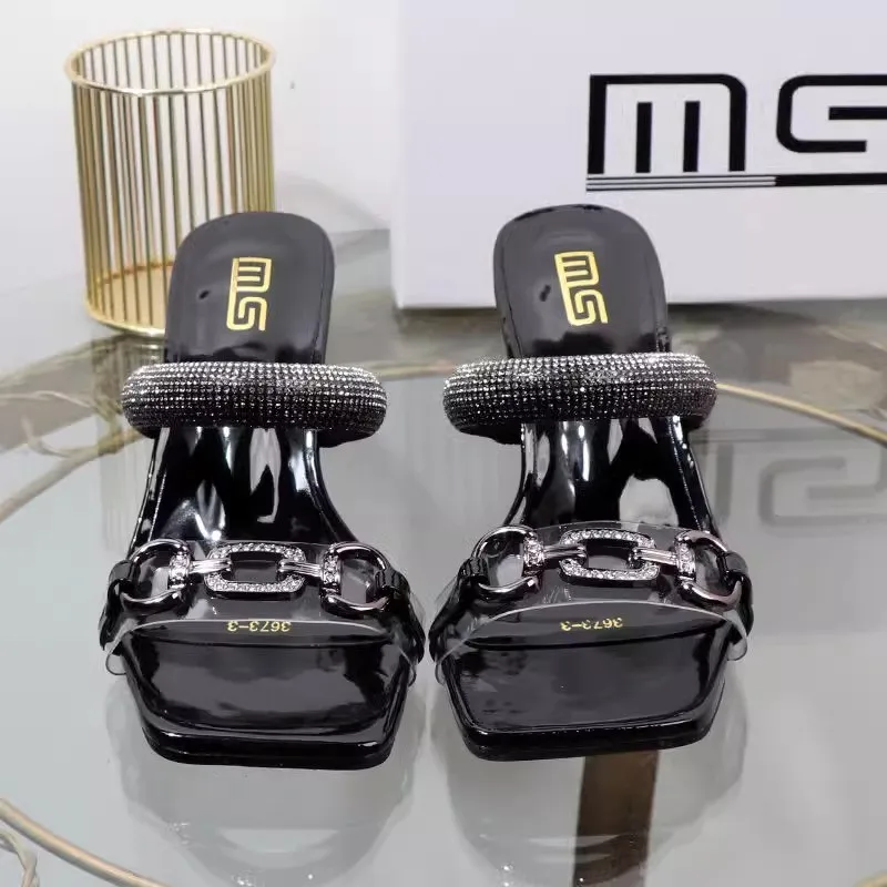 Fashion Slippers Summer New Square Head Shallow Mouth Crystal Metal Buckle Transparent Strap Non-slip High-heeled Sandals image 2