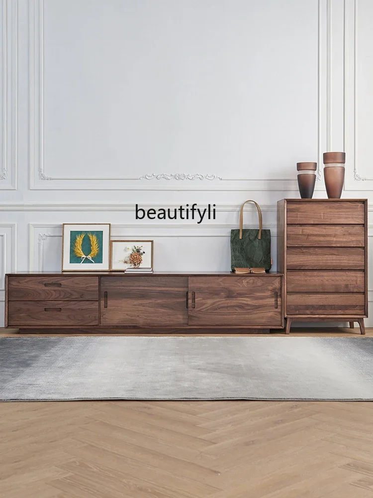

Nordic Solid Wood Living Room Furniture Light Luxury TV Stand North America Black Walnut Wooden TV Cabinet Household TV Stand D9