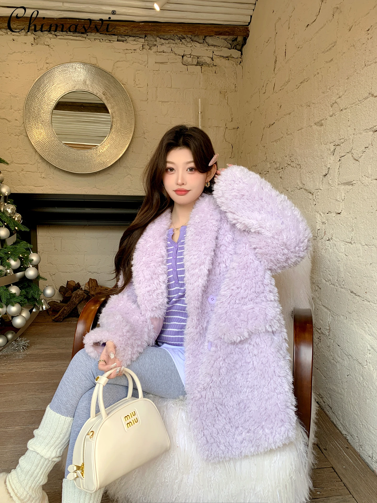 

2025 Autumn Winter New Fashion Lapel Mink Fur Coat for Women High-end Loose Long Sleeve Elegant Shearling Mid-length Jackets