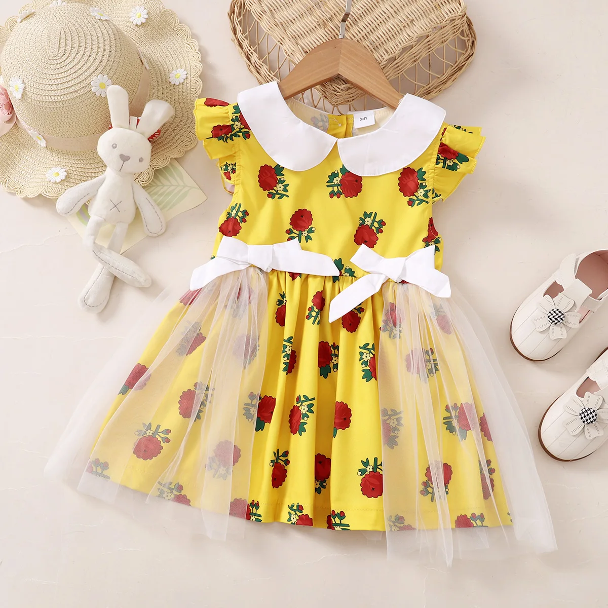 1–6 Jahre altes Mädchenkleid, Chiffonkleid mit Schleife und Sudan-Rosendruck, Urlaubskleid für Mädchen, Kinderkleidung