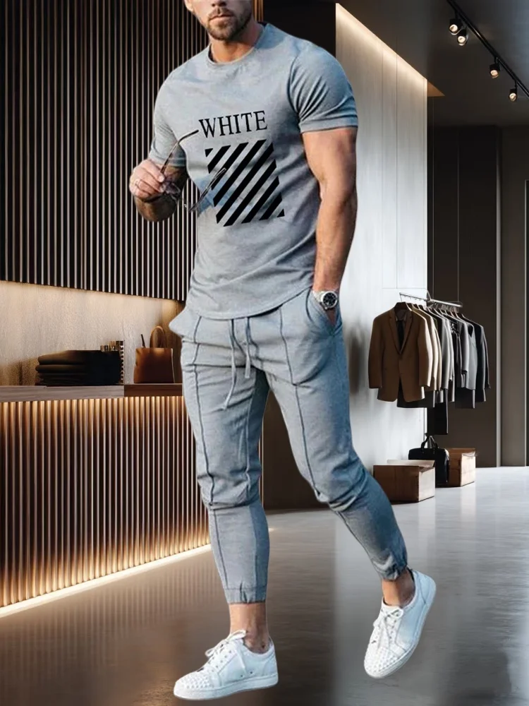 

2025 Autumn and Summer Fashion Personality Simple Printing Men's Adult Short-sleeved Trousers Daily Leisure Sports Youth Suit