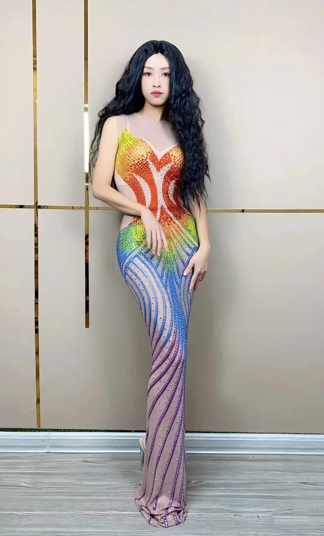 Sexy Stage Colorful Rhinestones Mesh Dress Evening Birthday Celebrate Outfit Nightclub Dance Performance Host Photoshoot Costume