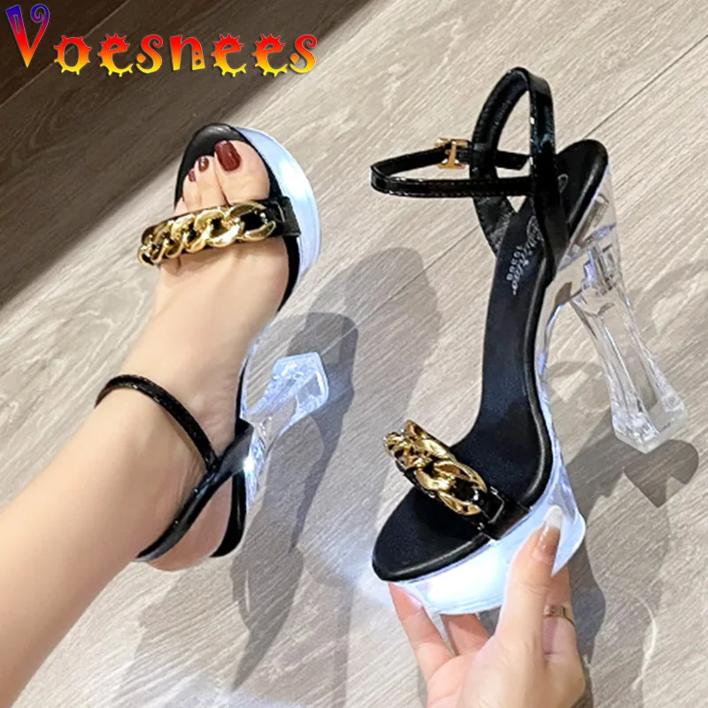 Summer Light Up Glowing Chain Sandals Transparent Platform Brand High Heels Shoes Fashion Party Wedding Petal LED Woman Footwear