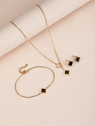 4-piece Fall/Winter Ladies Square Black Dripping Stainless Steel Pendant Necklace Earrings Christmas Halloween Day Date Gift
