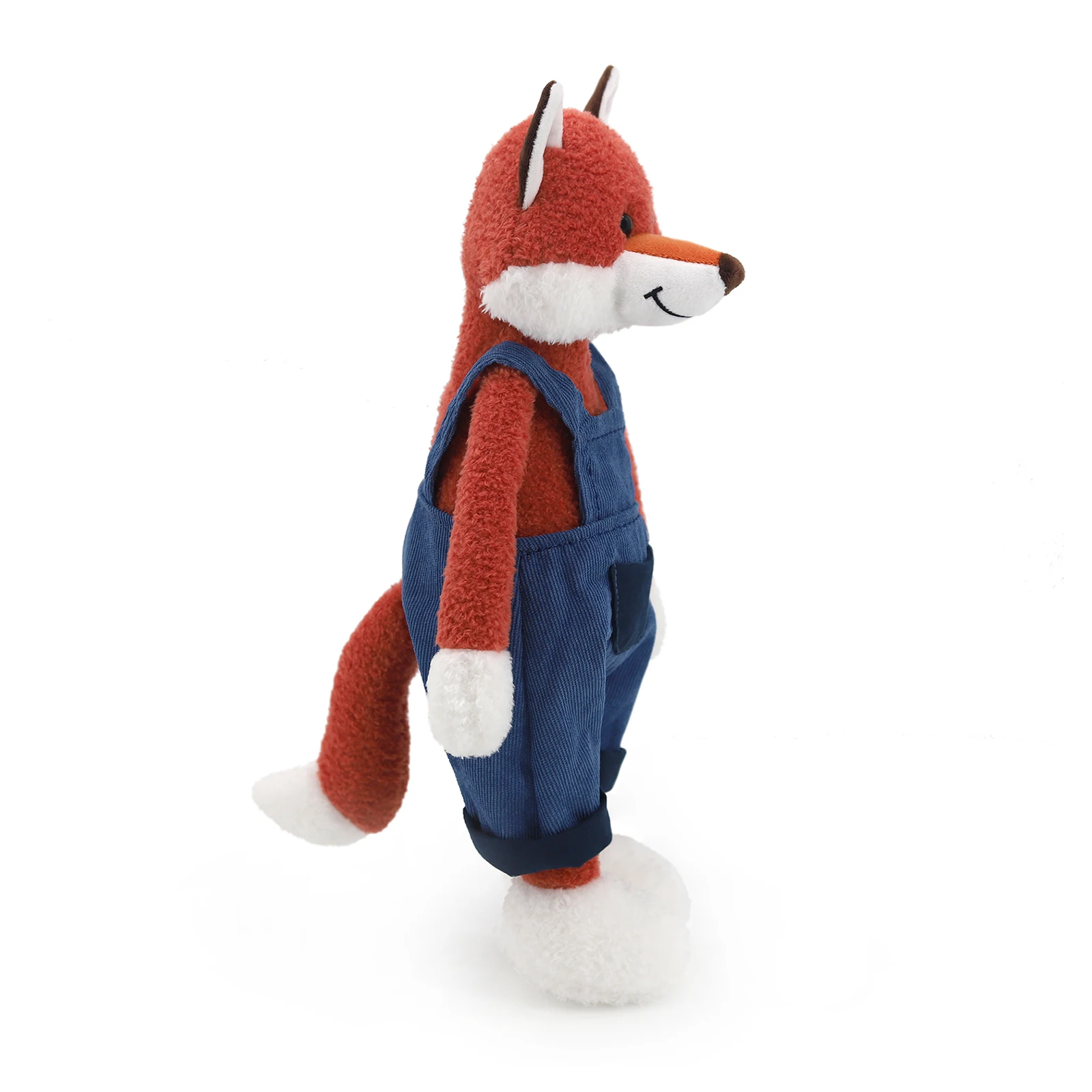 デニムオーバーオールを着た赤いキツネのぬいぐるみ、柔らかいぬいぐるみ人形、漫画の子供向けギフト、家の装飾、かわいいぬいぐるみ、子供の誕生日プレゼント