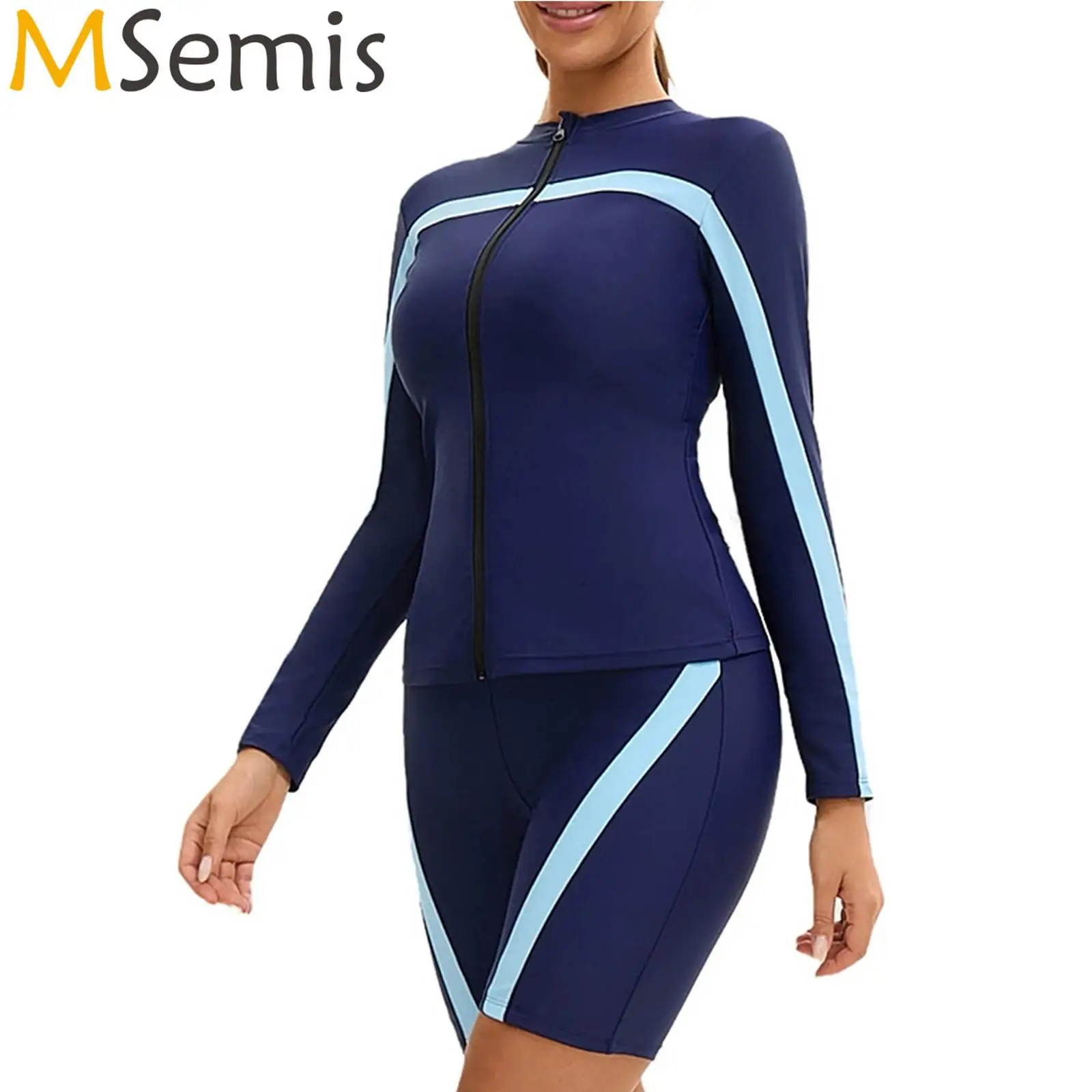 

Women 3-Piece Swimsuit Surfing Swimwear Front Zipper Rash Guard Jacket with U-Neck Removable Chest Pads Cropped Vest and Shorts