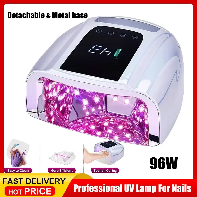 96W Mirror Reflective Nail Lamp with Metal Pad Cordless Manicure Dryer Wireless UV Light for Nails Rechargeable Nail UV LED Lamp