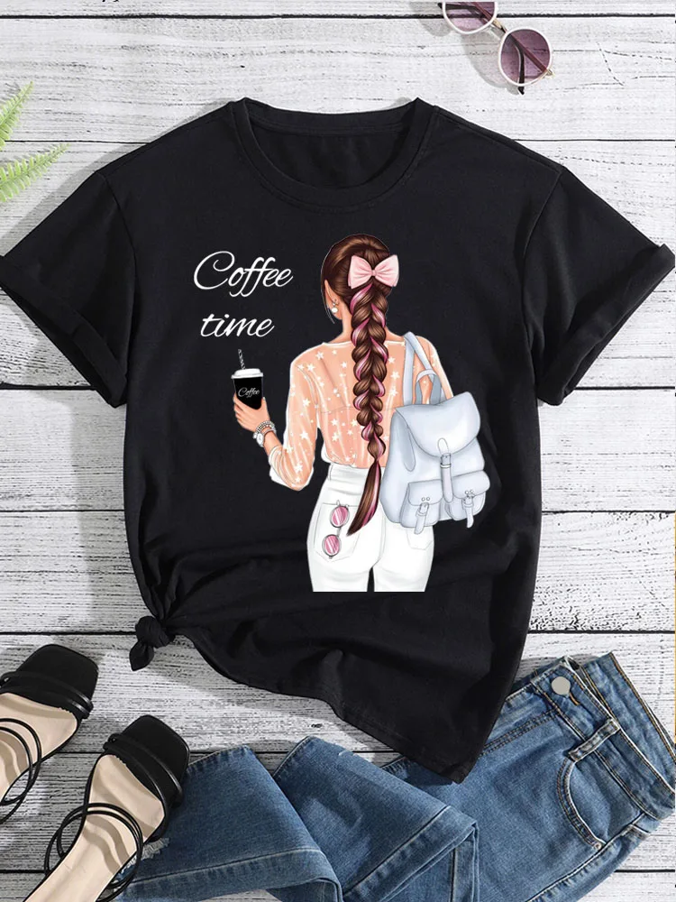 New Offee Lover T Shirt Women Fashion T Shirt Coffee with Red Lips Print Tops Shirt Female Short Sleeve Graphic Tee Shirt Clothe