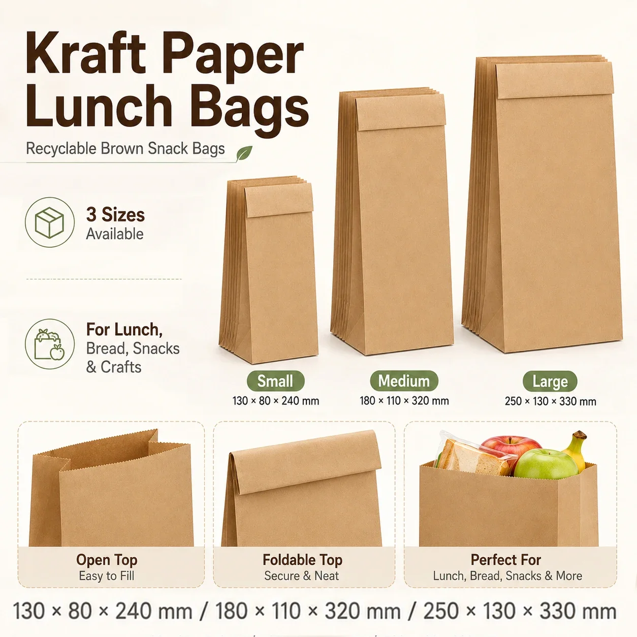 10-30Pcs Brown Kraft Paper Sandwich Bags, Recyclable Snack Bags for Bread, Candy, Party Favors, Grocery & Food Packaging