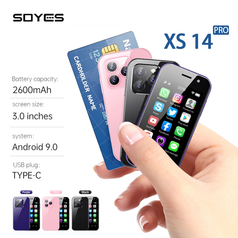 SOYES XS14 Pro Mini Smartphone Android 9.0 4G LTE Quad Core 3GB + 64GB 2600mAh Recoginition faciale 3.0 pouces petit téléphone portable en vente