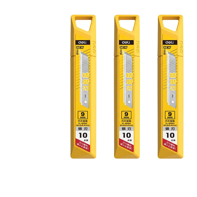DELI 9mm afbreekbare mesbladen voor universeel mes, 0,4 mm, gelegeerd staal, 60 °   Vervangende messen voor kleine doosknippers, voor nauwkeurig snijden, verpakking met 10 stuks.