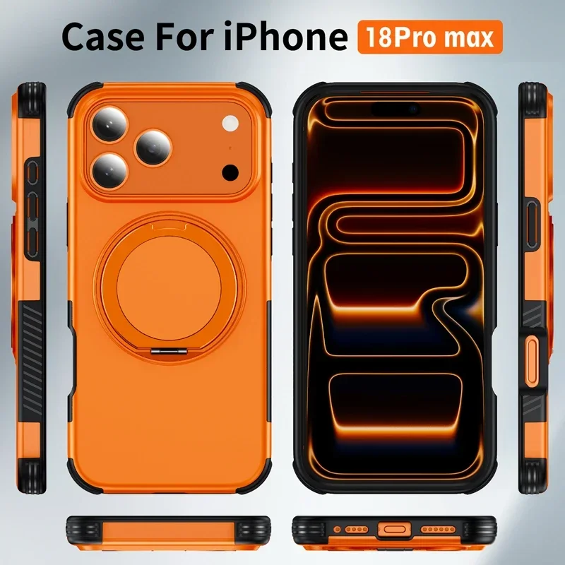 For Magsafe Case For iPhone 18Pro 15 14 13 12 16 17 18 Pro Max 16e Magnetic Wireless Charging Ring Stand Anti-slip Bumper Cover