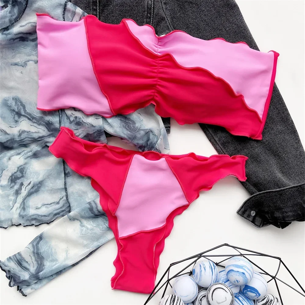 

Sexy Bandage Ruched Bandeau Swimsuit Micro Bikini Y2K Splicing Swimwear Two Piece Beach Outfits Bathing Suit Bikinis Set Biquini