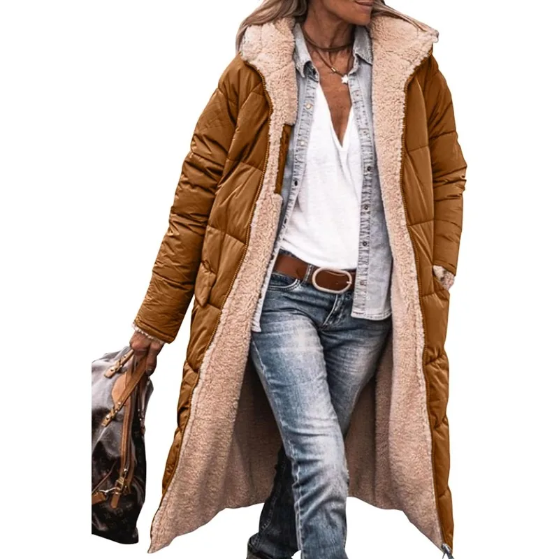 Women\'s 2023 Warm Winter Coats Reversible Sherpa Fleece Long Hooded Puffer Jackets Outerwear