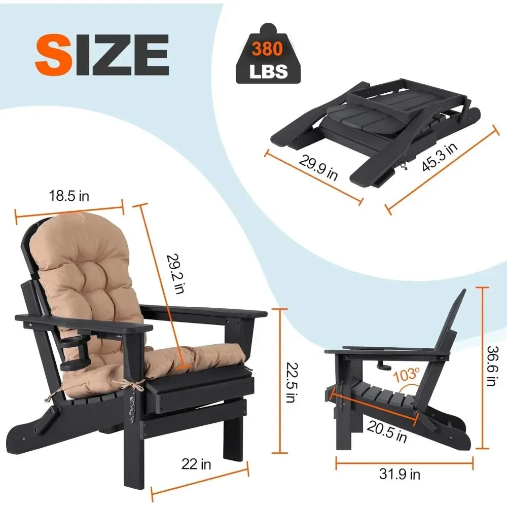 

-Folding Chairs Set Of 2, Cushion With Cup Holder, HDPE Plastic Chair Weather Resistant, Outdoor Chair