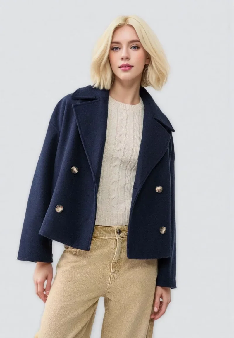 Lässige Kurze Wollmischmantel für Damen, Locker Geschnittene Jacken mit Revers, Doppelreihig, mit Taschen, Langen Ärmeln, Herbst-Winter 2026, Einfarbiger Damenmantel – Detail 5