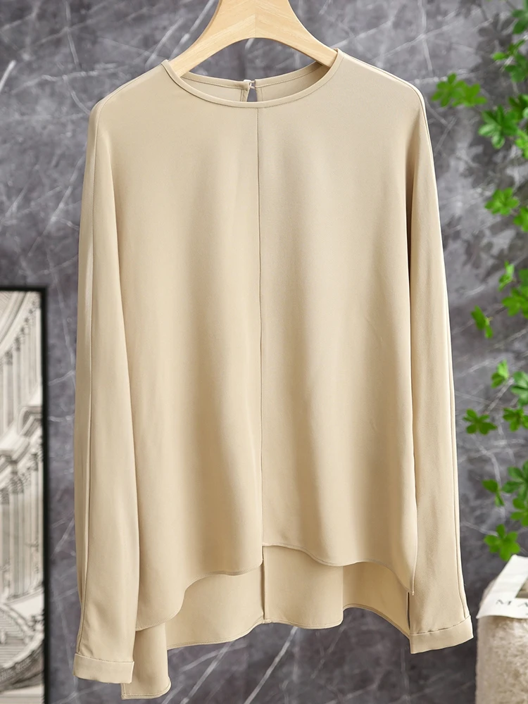 

Шелковая женская рубашка прямого кроя с длинным рукавом, на пуговицах, асимметричная, плиссированная, из натурального шелка 30 момме, плотная, комфортная, весенняя.