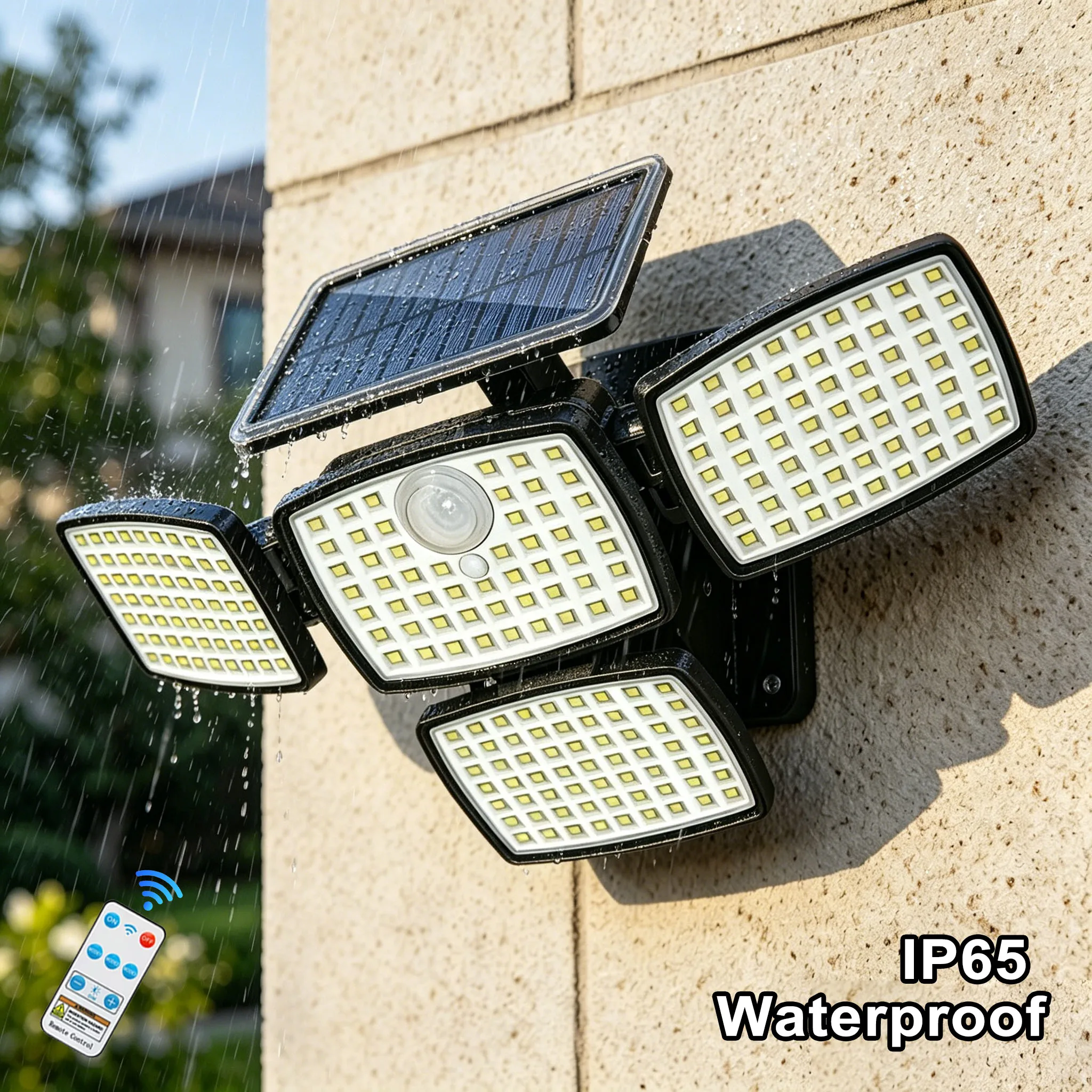 

IP65 Waterproof Solar Motion Sensor Security Lamp with Remote, 218LED 4-Head Solar Outdoor Lights, 3 Modes Wireless Wall Light