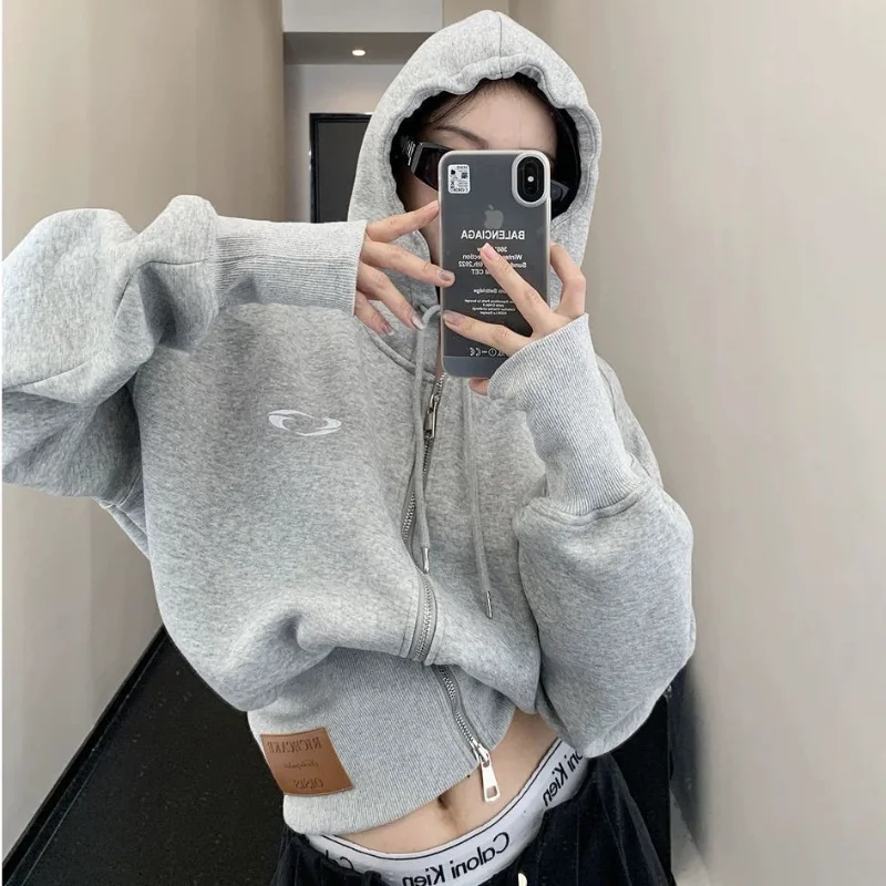 American Spring Autumn Vintage Loose Fit Hoodie Cotton Washed Short Hooded Coats Trendy Streetwear Women Cool Zipper Cardigan