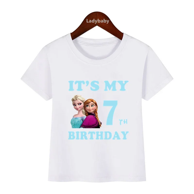 Disney-Frozen Princess T-shirt para meninas, roupas congeladas, Elsa, Anna, princesa, é meu 1, 2, 3, 4, 5, 6, 7, 8, 9 anos aniversário crianças t-shirt, roupa bonito do bebê