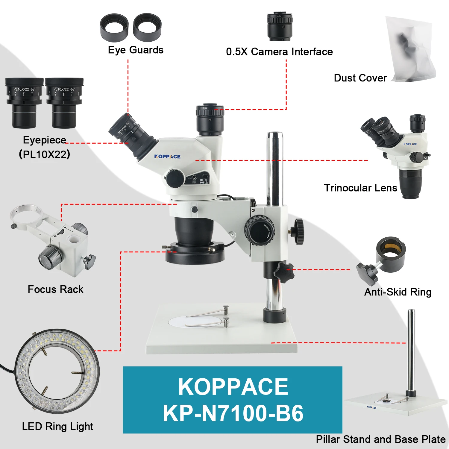 KOPPACE 6.7X-45X Trinocular Stereo Microscope Continuous Zoom Lens