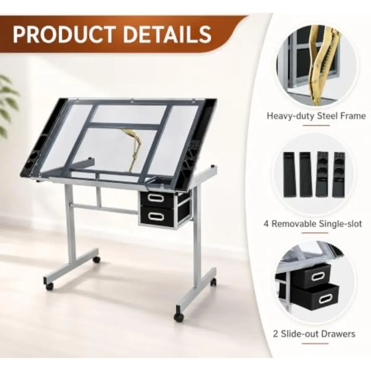 Adjustable Glass Drafting Desk with 0-60 Degree Tilt, Height Range 31.5-49.5 Inches, Alloy Steel Frame, Two Slide Drawers, Four view 4