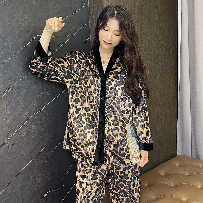 Leopard Print Pajamas Set Winter Warm Homewear Women Long Sleeve Top&pants Loose Homewear Fashion Pyjamas Femme Nightwear