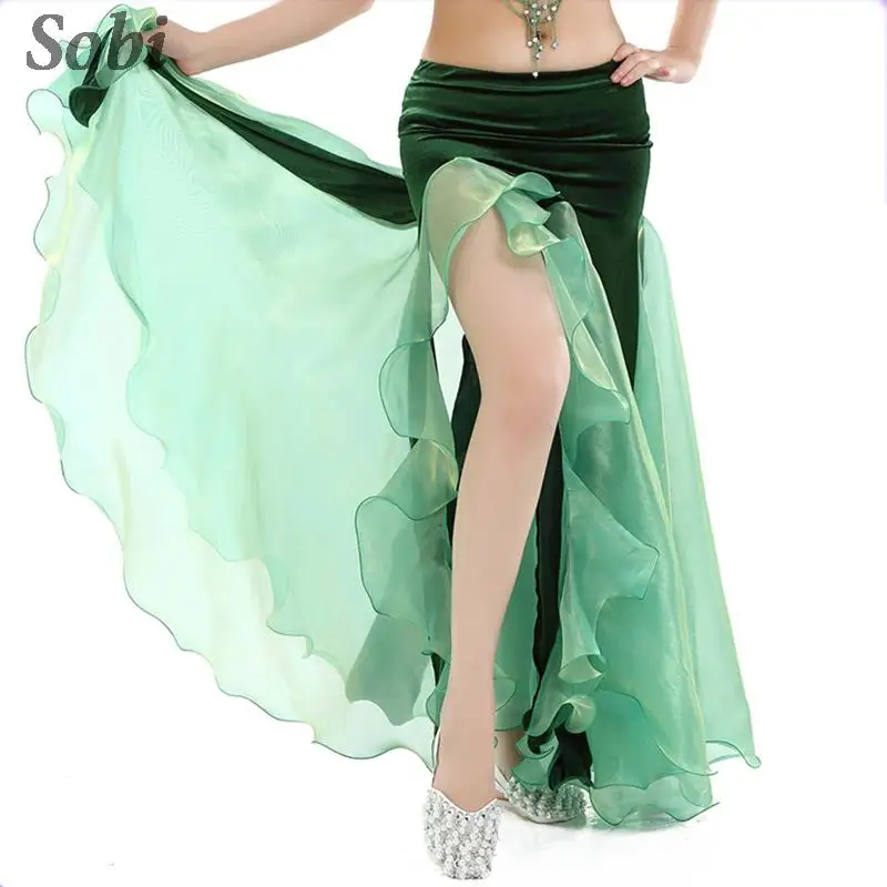 Women Belly Dance Performance Skirt Sexy Split Long Chiffon Skirt Low Waist Swing Dance Wear Carnival Party Dancing Clothing