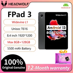 HEADWOLF FPad3 8.4 인치 안드로이드 14 넷플릭스 L1 태블릿, 8GB RAM, 128GB ROM, Unisoc T616 옥타코어 4G LTE 듀얼 SIM 휴대폰 태블릿, 5500 mAh