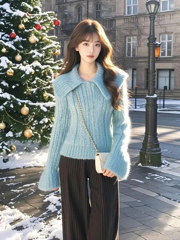 

Korean Version Autumn New Sweater Women Vintage Lapel Collar Solid Long Sleeves Short Knitted Top Streetwear Pullover