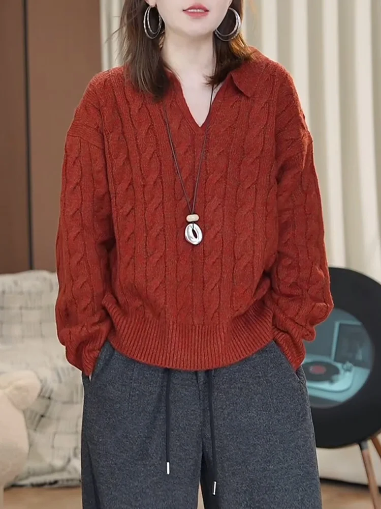 

Красный винтажный вязаный свитер с отложным воротником, больших размеров, стройнящий, универсальный, подчеркивающий белизну кожи, женский топ для осени 2025 года