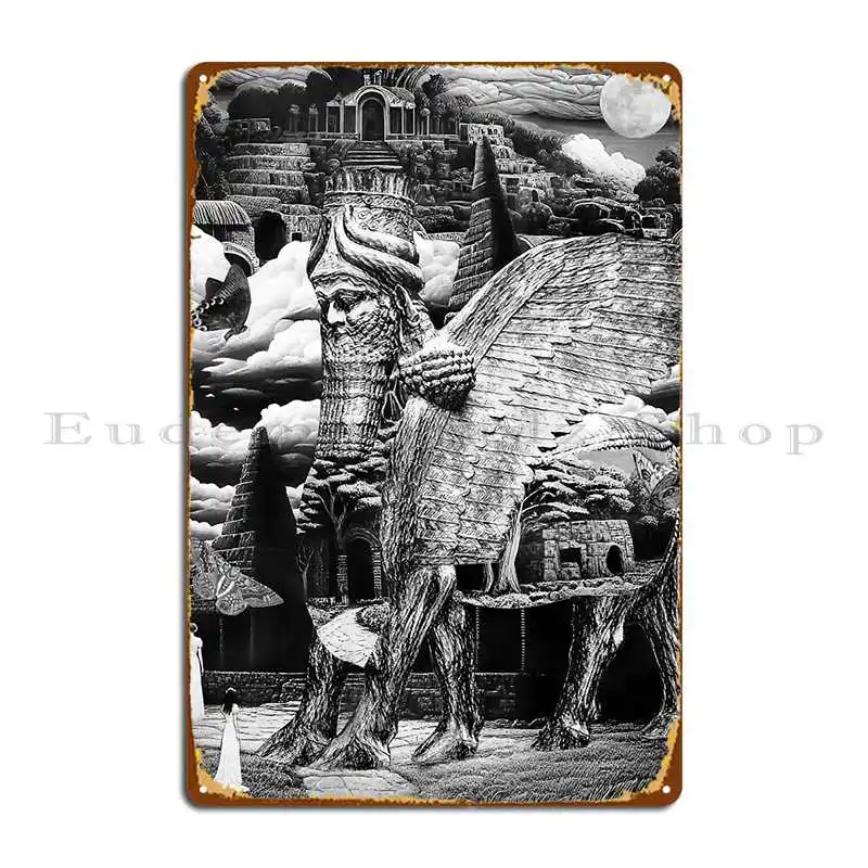 Estatua de Lamassu, ángeles de mesopotamia antiguos, templo asirio mágico, pintura de letrero de Metal, cine personalizado, garaje, Club, cartel de estaño