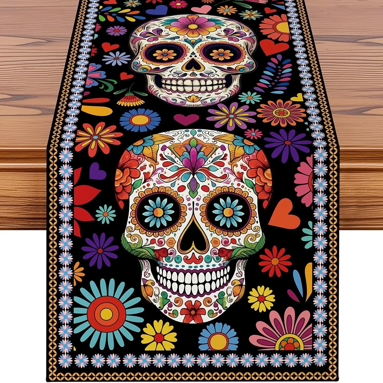 Mexican Day of The Dead Sugar Skull Table Runner Party Decor Reusable Kitchen Dining Dia De Los Muertos Table Runner Party Decor