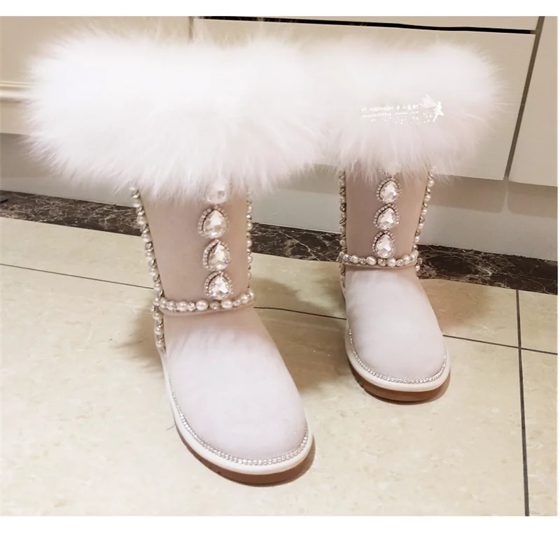 Natural fox hair custom tall rhindiamond-pearl fur one large size comfortable leisure snow boots women's shoes 35-44