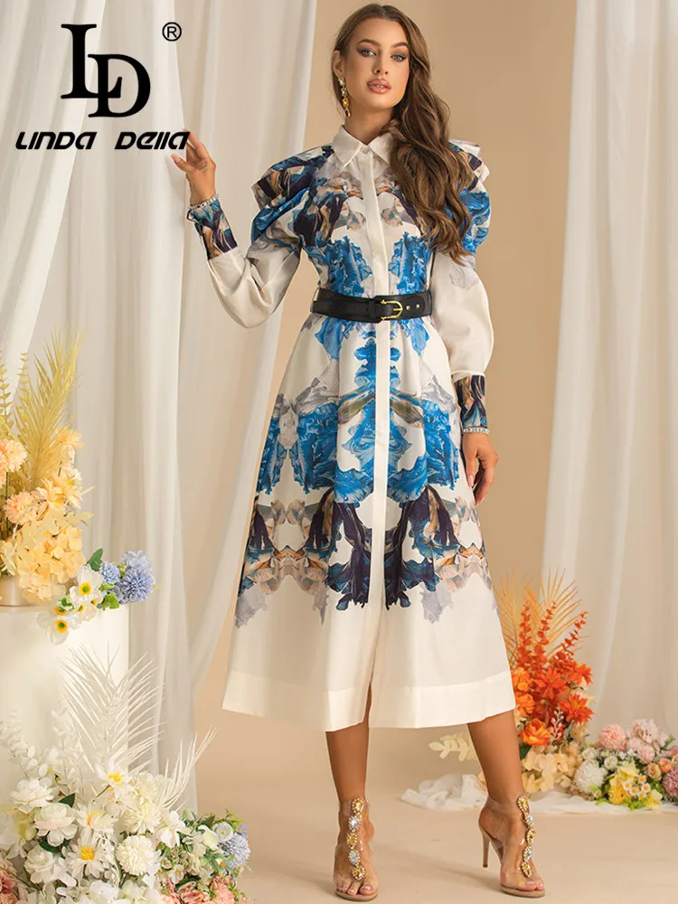 LD LINDA DELLA Nuovo stile Autunno Casual Holiday Dress Manica lunga monopetto da donna Abiti eleganti con stampa con cintura