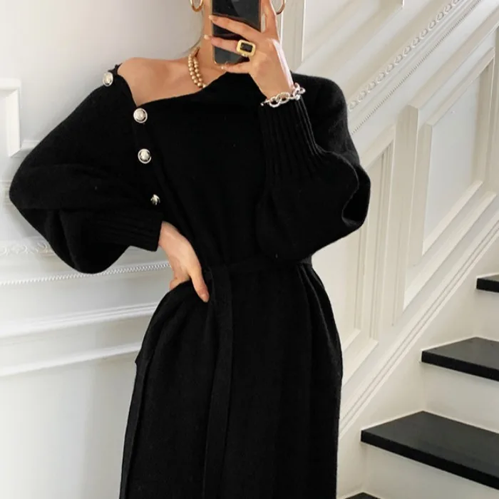 Women Autumn Knitted Dress Turtleneck Sexy High Elastic Oversized Sweater Dress Winter Knit Warm Long Dresses