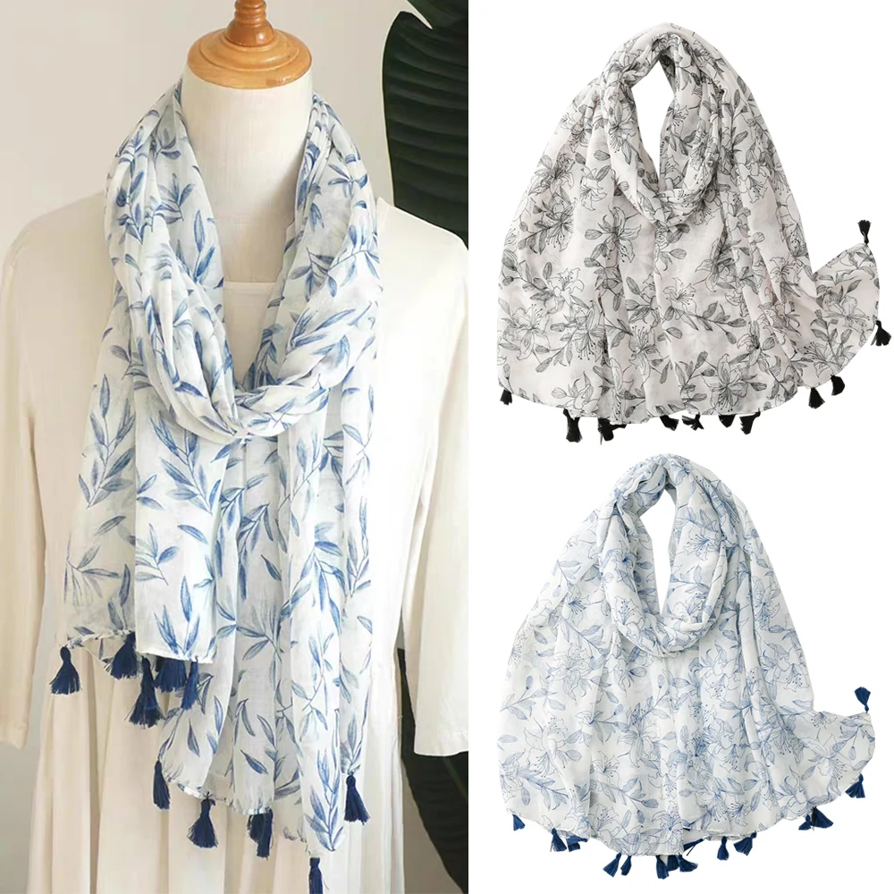 

Fresh Floral Print Tassel Scarf Shawl Women Muslim Long Hijabs Summer Beach Wraps Headband High Quality Scarves Wrap Head Turban