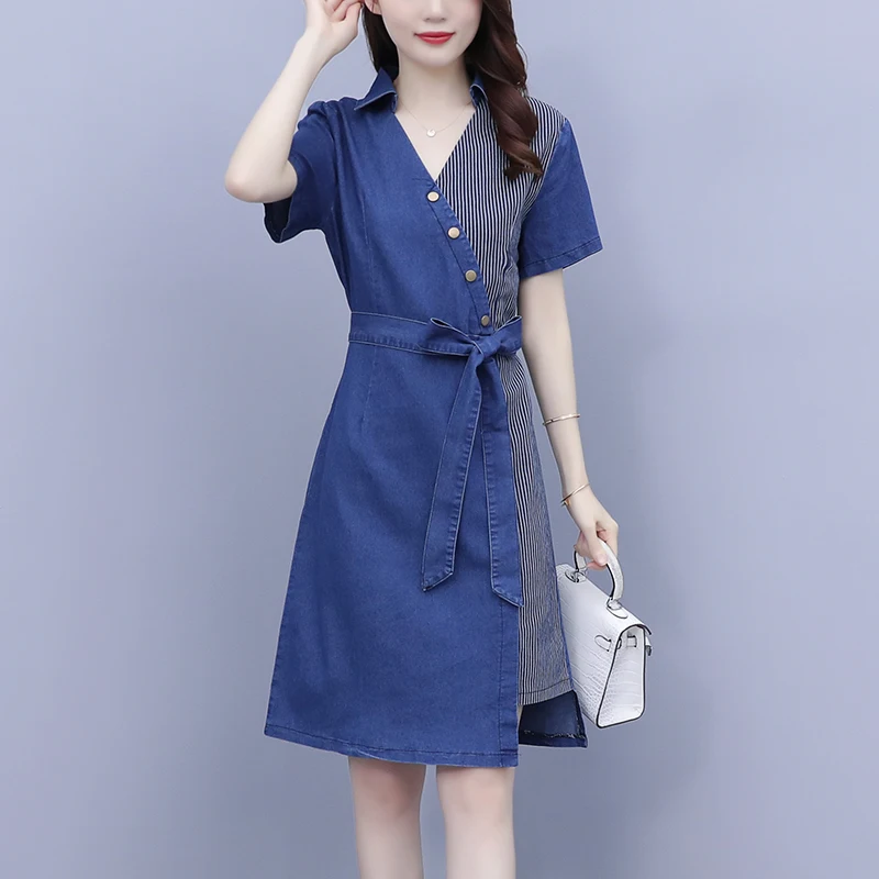 

2022 New Spring Summer Women Denim Dress Fashion Striped Patchwork Short Sleeve V-neck Casual Jean Dresses with Sash