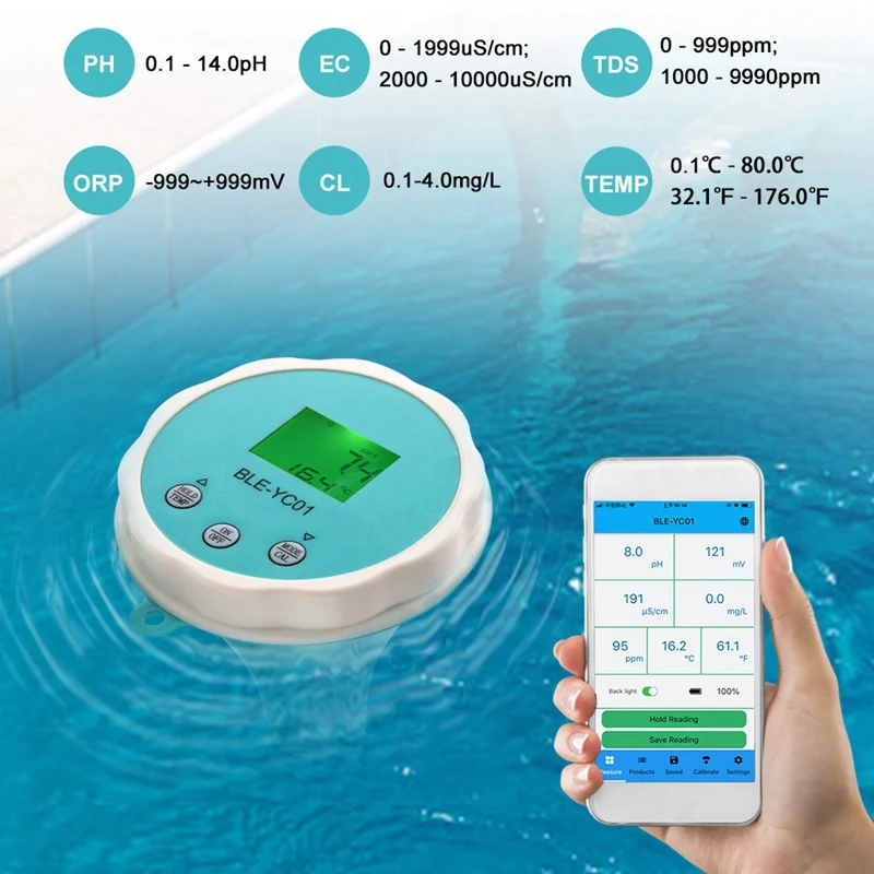 TKOH-6 em 1 detector de qualidade da água ph ec tds orp temperatura cloro app display piscina bluetooth qualidade da água test