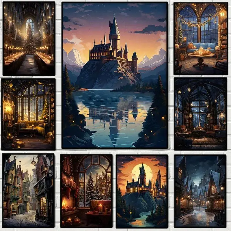 Póster de mago escolar mágico Vintage H-Hogwarts Castillo brujería lienzo pintura arte de pared para dormitorio sala de estar decoración del hogar Mural