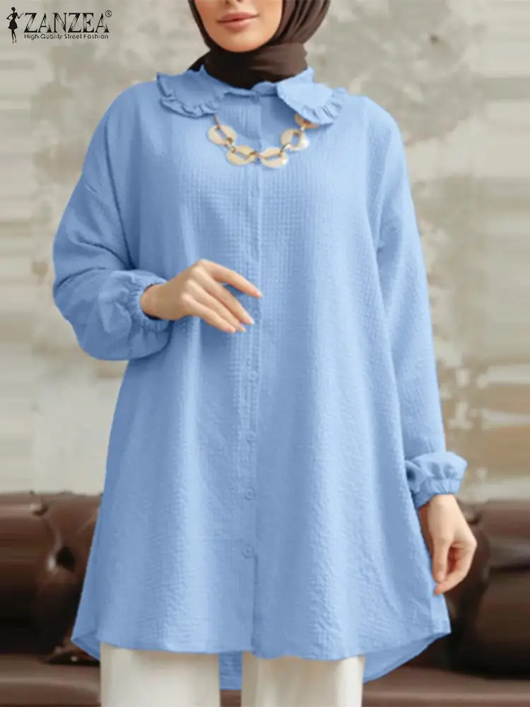 ZANZEA-Camisa muçulmana monocromática de manga comprida para mulheres, gola lapela, blusa casual, Dubai, Turquia, Abaya, Hijab, roupas islâmicas