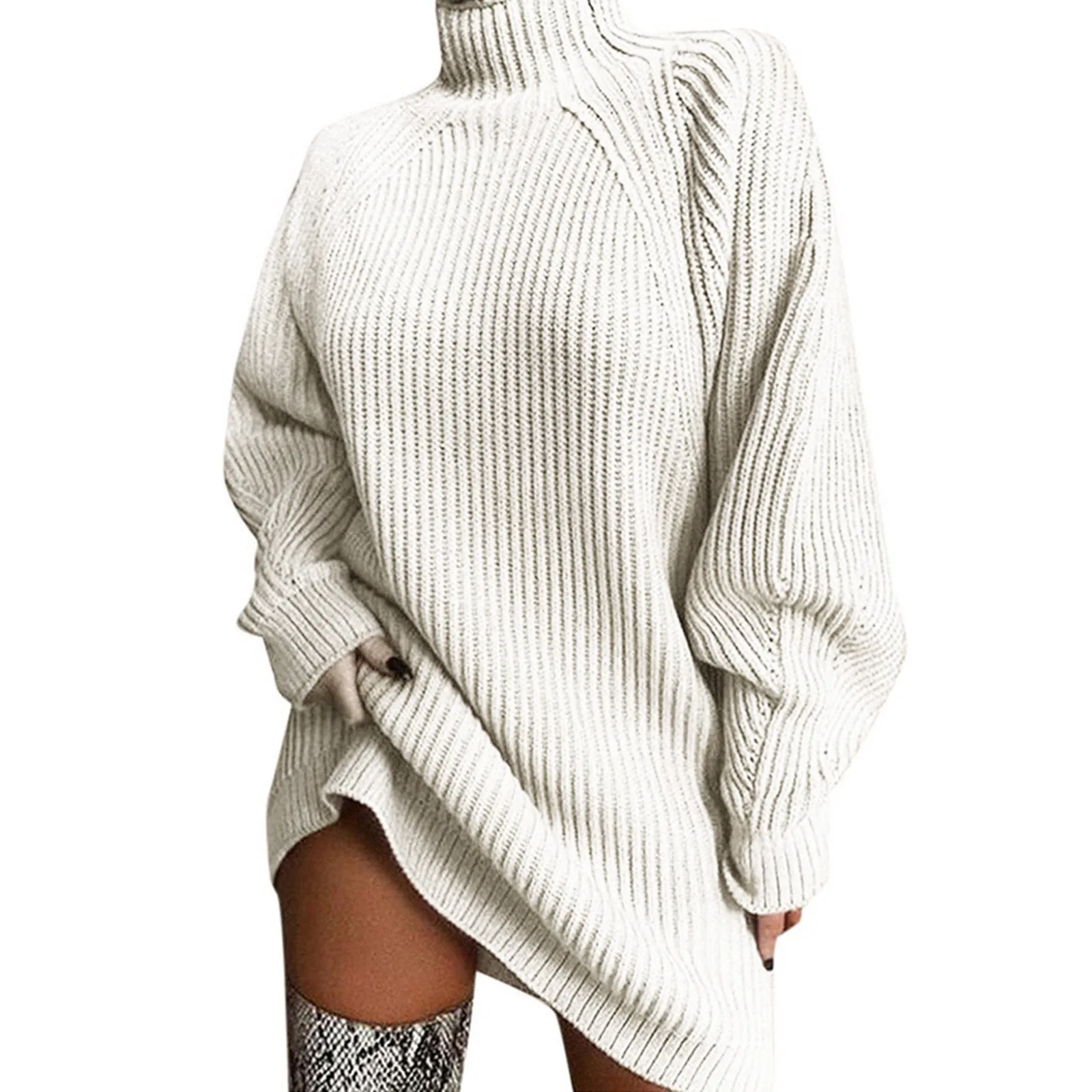 Women Turtleneck Oversized Knitted Dress Autumn Solid Long Sleeve Casual Elegant Mini Sweater Dress Winter Clothes For Women