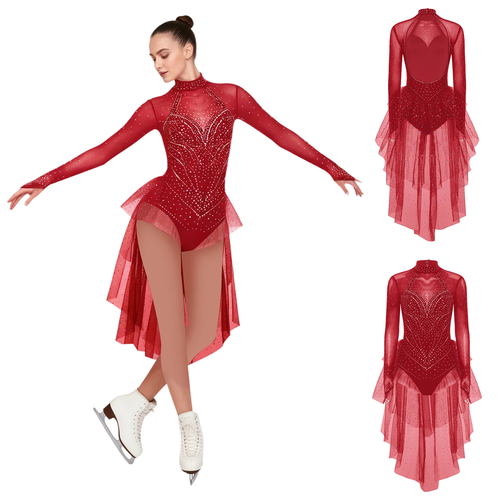 Women Figure Skating Dress Long Sleeve Rhinestones Tiered Tulle Bodysuit Tutu Ballet Gymnastics Acrobatics Performance Dancewear