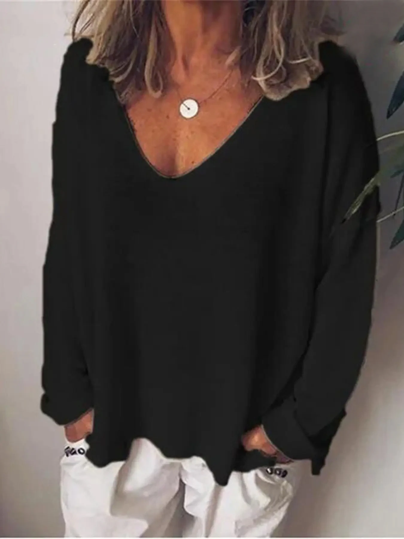 Fashion Summer New Women T-Shirt Solid Color Casual Versatile Loose Tops V-Neck Blouses Long Sleeve Shirt Perspective Y2K Tops