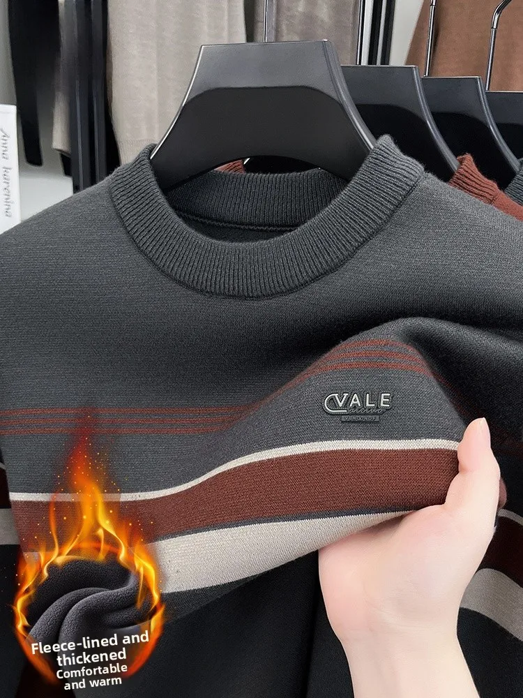 

Lormen Men's Thiened Fce Knitted Sweater Casual Striped Warm Winter New Sle Base irt Busin Casual round Ne Pull...