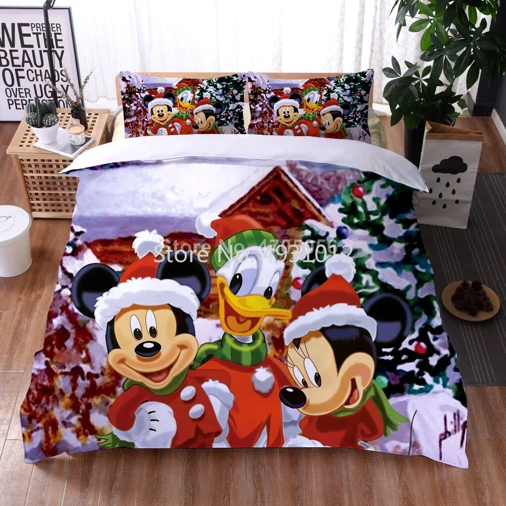 Anime Mickey Mouse Minnie zestaw poszewek bożonarodzeniowa pościel świąteczna zestaw pościel Queen King Size dla chłopca dziewczynki do domu