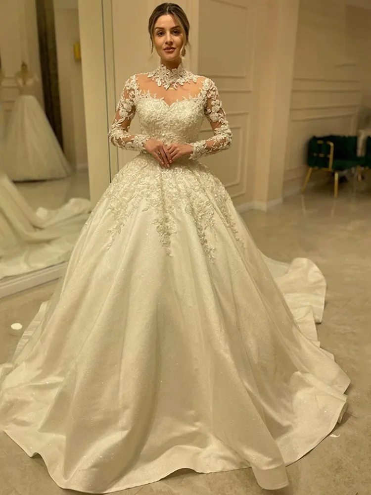 Elegant High-Neck A-line Wedding Dress Long Sleeves Appliques Button Back Boho Bridal Gown Vestido De Novia