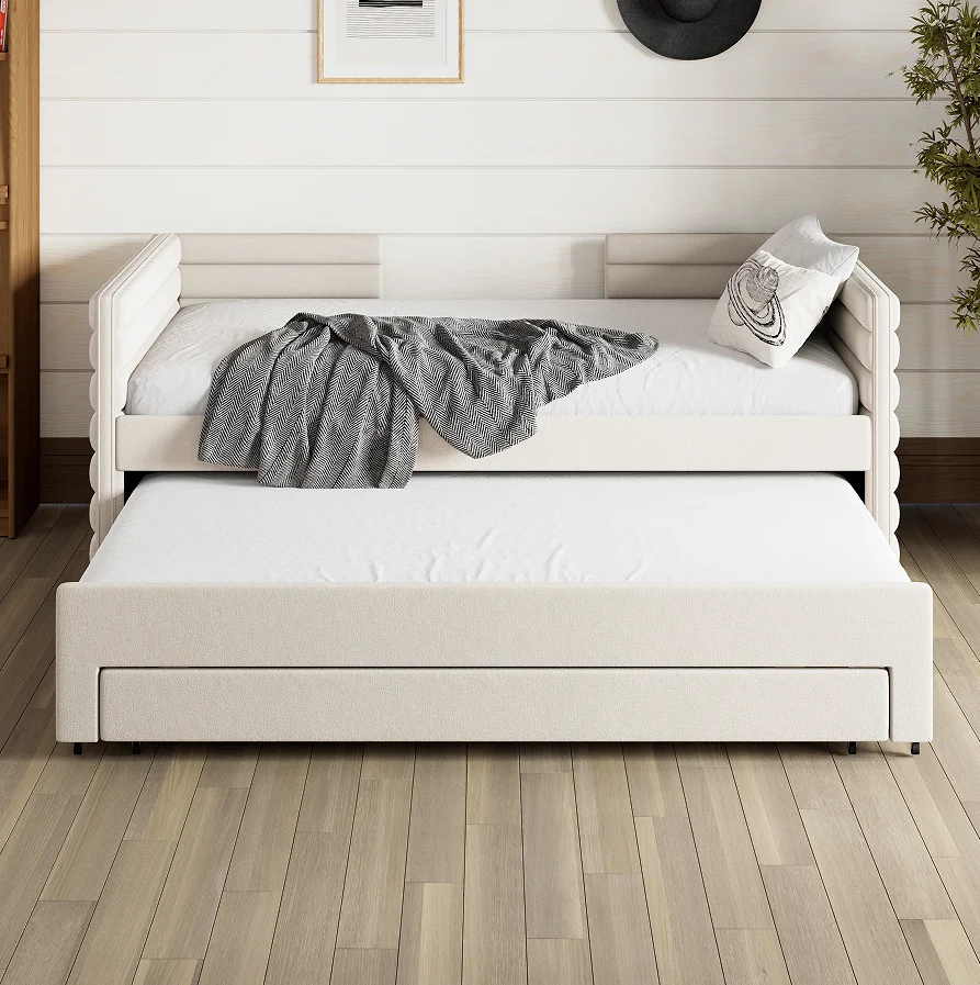 ！@Modern Adjustable Twin Size Upholstered Velvet Daybed Trundle 3 Storage Drawers Short-haired Sofa Bed for Guest Room Living Ro